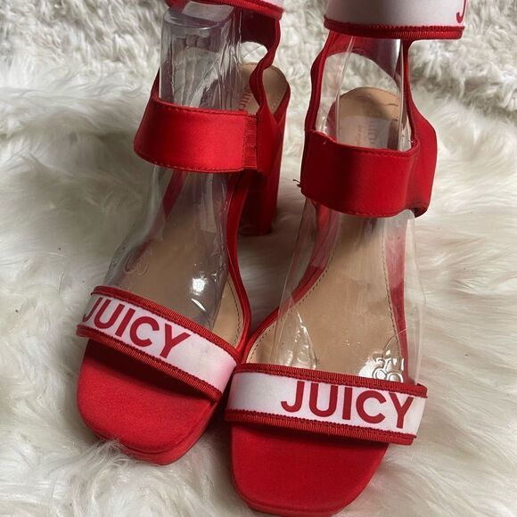 Juicy Couture Glisten fabric Red and white platform ankle strap  heels SZ8.5 M - Picture 3 of 14